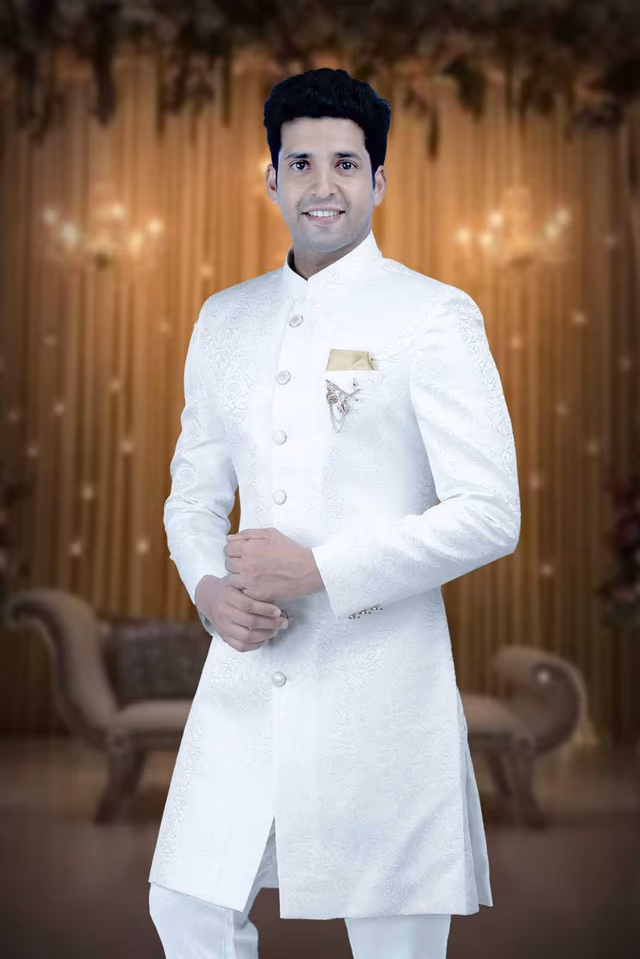 Patterned Imported Synthetic Fabric In White Sherwani — back view, rent in Calicut