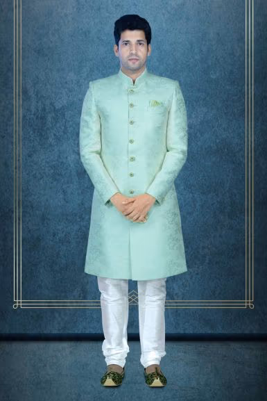 Hand Stone Worked Printed Jacquard In Pista Sherwani — rent in Calicut