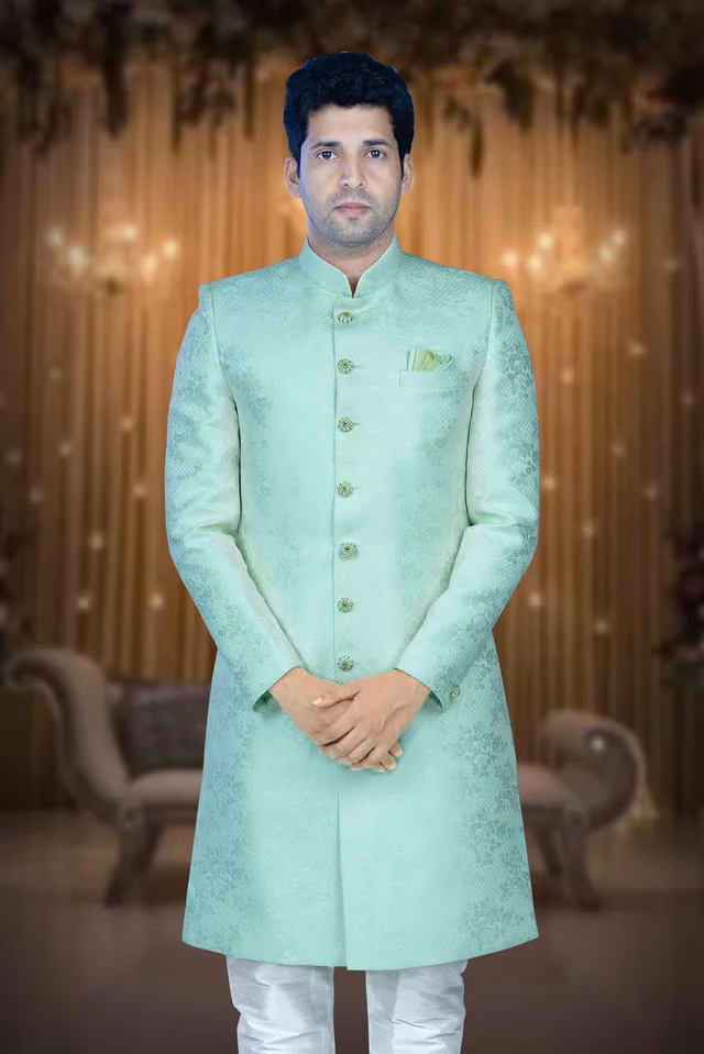 Hand Stone Worked Printed Jacquard In Pista Sherwani — back view, rent in Calicut
