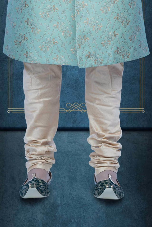 Zardozi And Thread Embroidery Imported Synthetic Fabric In Pista Green Sherwani — back view, rent in Calicut