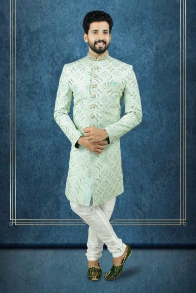 Nawabi Embroidered  Pastel Green Sherwani — rent in Coimbatore