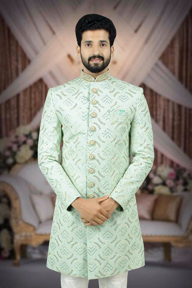 Nawabi Embroidered  Pastel Green Sherwani — back view, rent in Coimbatore