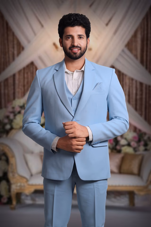 Polyster Aqua Blue Suit — back view, rent in Bangalore