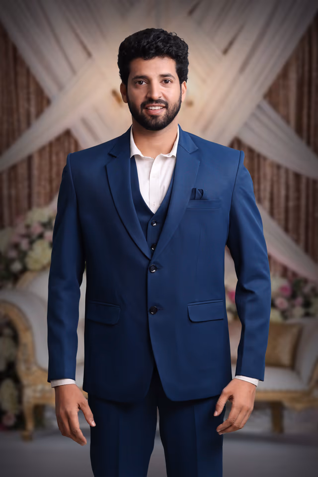 Polyster Navy Blue Suit — back view, rent in Bangalore