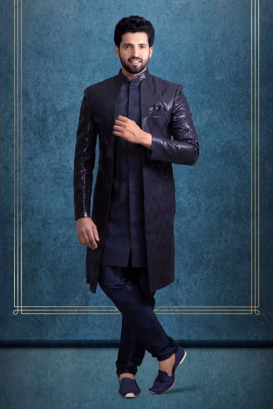 Navy Blue Alluring Jacket Sherwani — rent in Bangalore