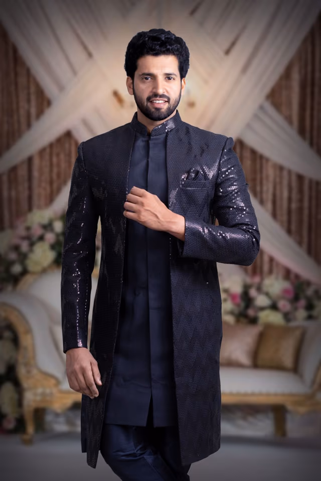 Navy Blue Alluring Jacket Sherwani — back view, rent in Bangalore