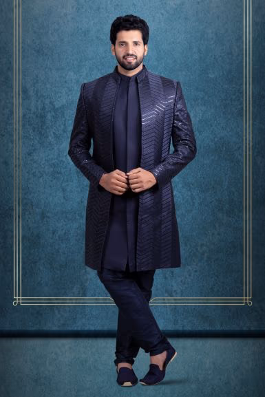 Navy Blue Dapper Jacket Sherwani — rent in Bangalore