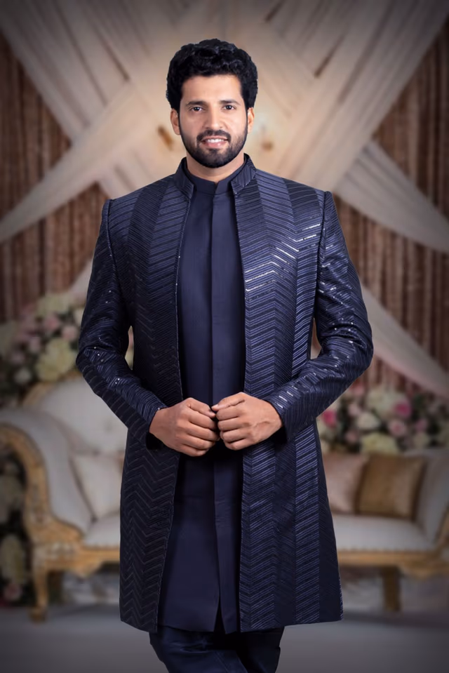 Navy Blue Dapper Jacket Sherwani — back view, rent in Bangalore