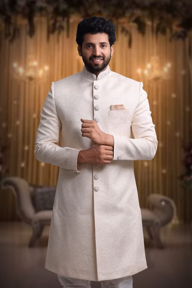 Off-White Graceful  Classic Sherwani — back view, rent in Bangalore