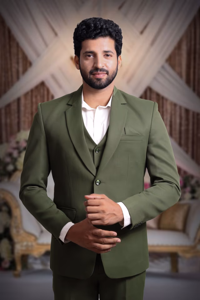 Polyster Olive Green Suit — back view, rent in Bangalore