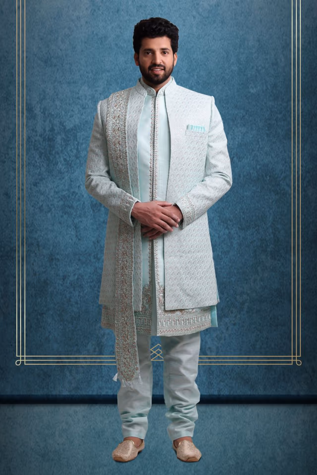 Sea-Blue And Gold Magnificent Jacket Sherwani With Dupatta — rent in Bangalore