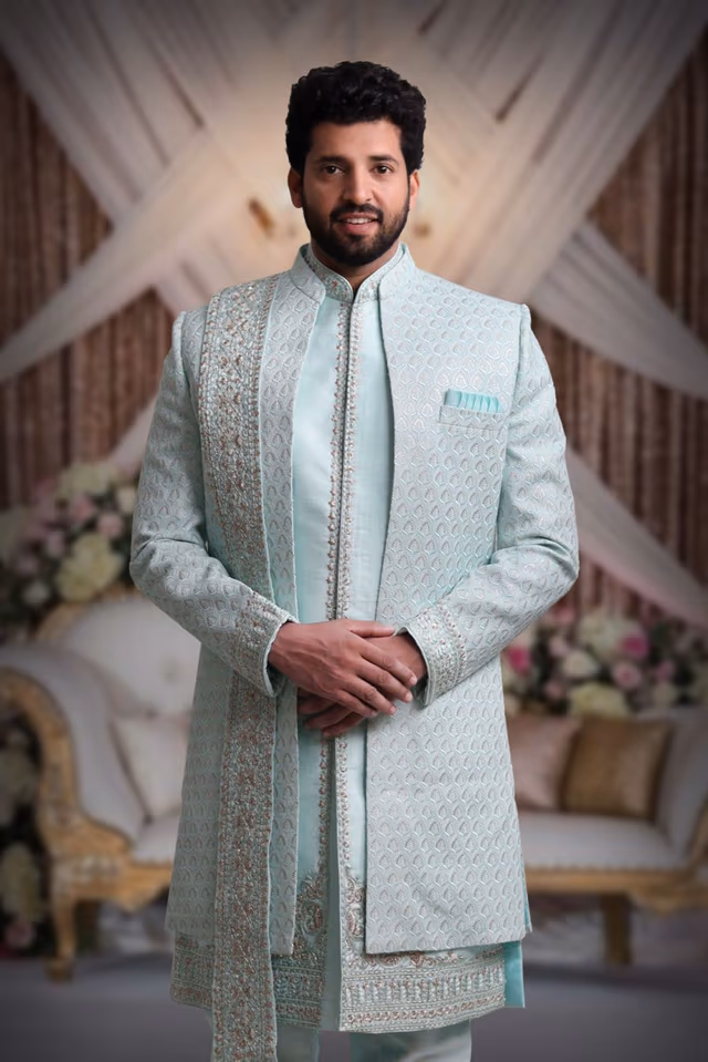 Sea-Blue And Gold Magnificent Jacket Sherwani With Dupatta — back view, rent in Bangalore
