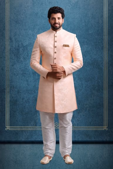 Peach And Gold Majestic Sherwani — rent in Bangalore