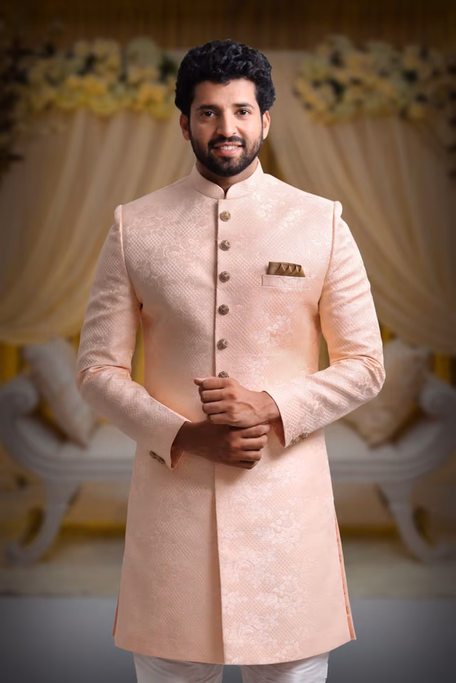 Peach And Gold Majestic Sherwani — back view, rent in Bangalore