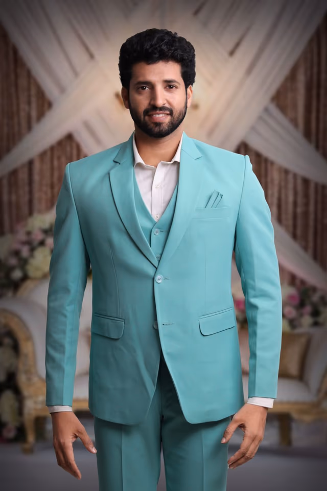 Polyster Robin Blue Suit — back view, rent in Bangalore
