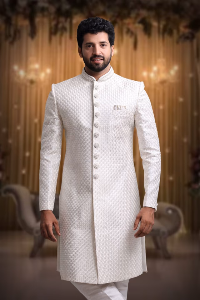 White Splendid Classic Sherwani — back view, rent in Bangalore