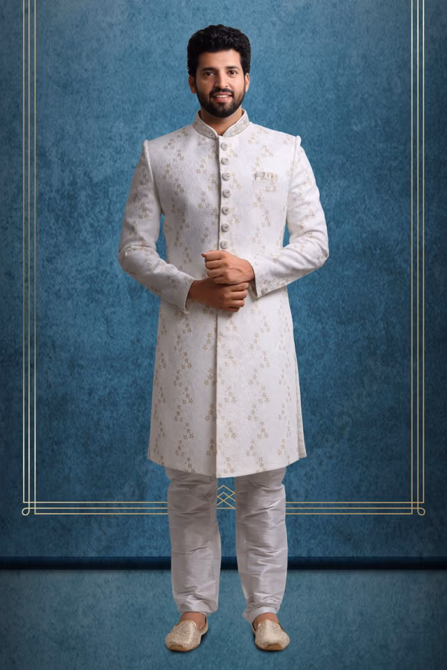 White And Gold Sumptuous Classic Sherwani — rent in Bangalore