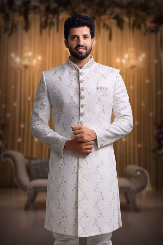 White And Gold Sumptuous Classic Sherwani — back view, rent in Bangalore