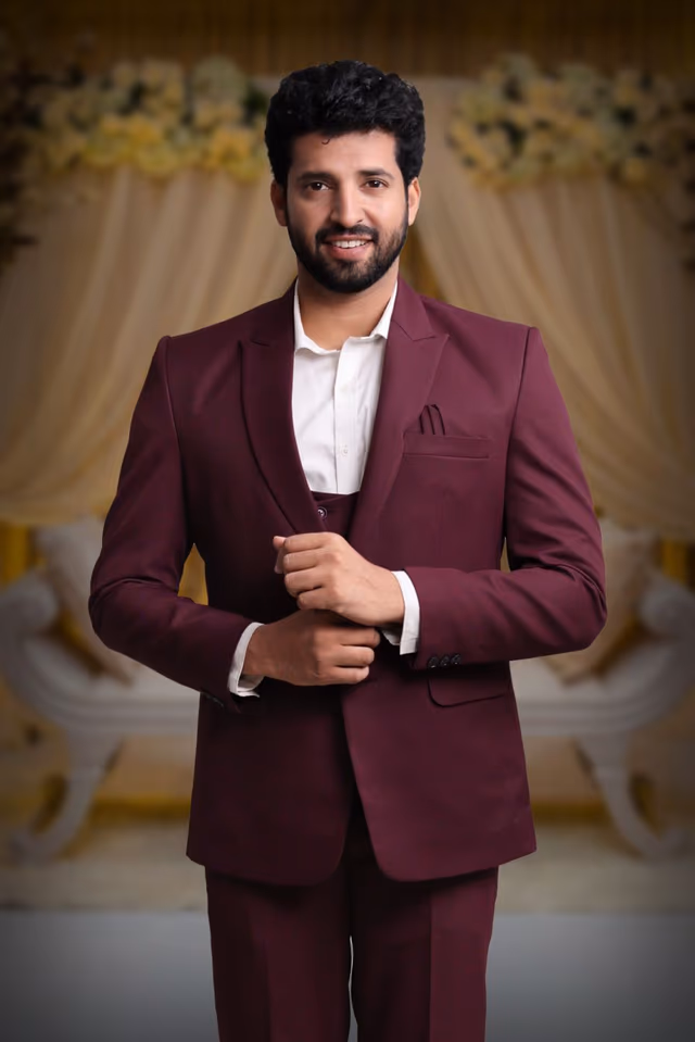 Polyster Wine Suit — back view, rent in Bangalore