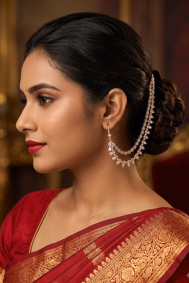 AD Stone Earrings Extensions  Adorned With Classic Laxmi Coins Delicate Pearl Chains And Vibrant Red And… — rent in Calicut