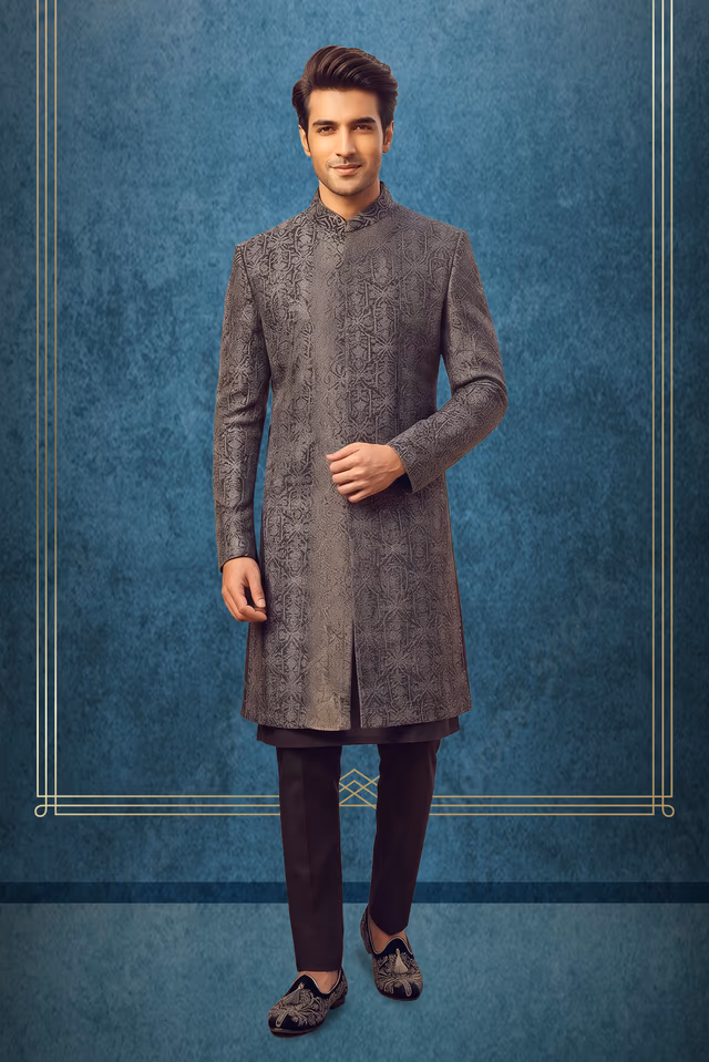 Add Subtle Luxury To Your Wardrobe With This Charcoal Grey Textured Sherwani Complete With Matching Dark… — rent in Calicut