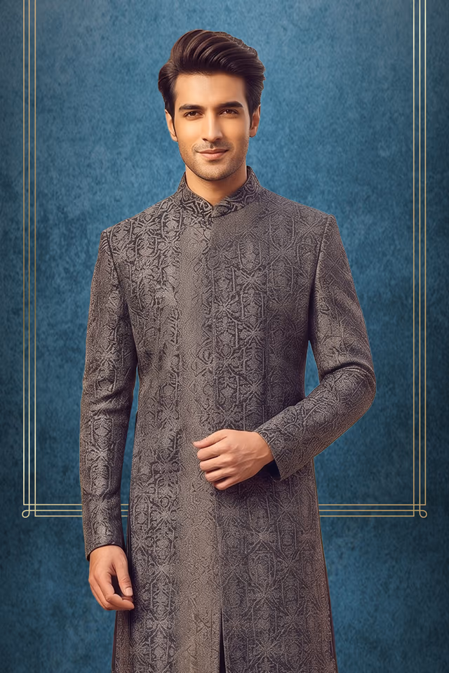 Add Subtle Luxury To Your Wardrobe With This Charcoal Grey Textured Sherwani Complete With… — back view, rent in Calicut