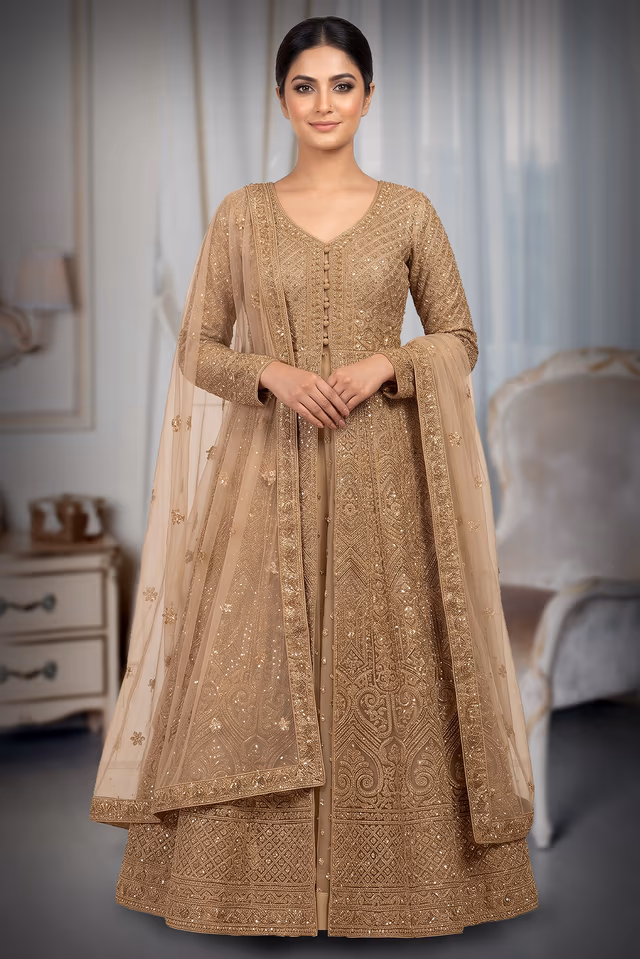An Exquisite Floor Length Gown In Golden Featuring All Over Intricate Hand Embroidery Mirror… — back view, rent in Calicut