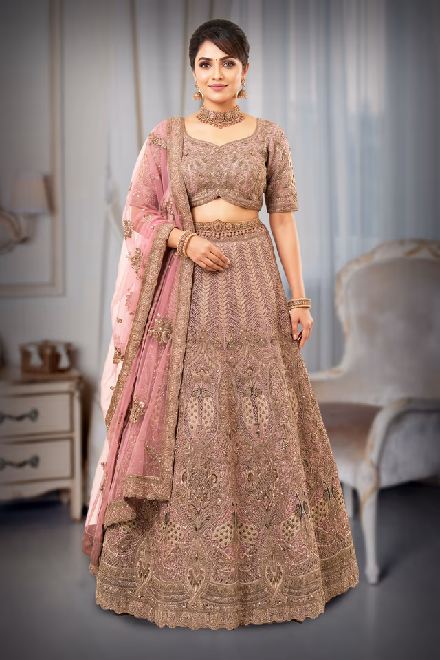 Antique Rose & Gold Peacock Motif Heavy Embroidered Bridal Lehenga Choli Set with Pink Net… — back view, rent in Edappally