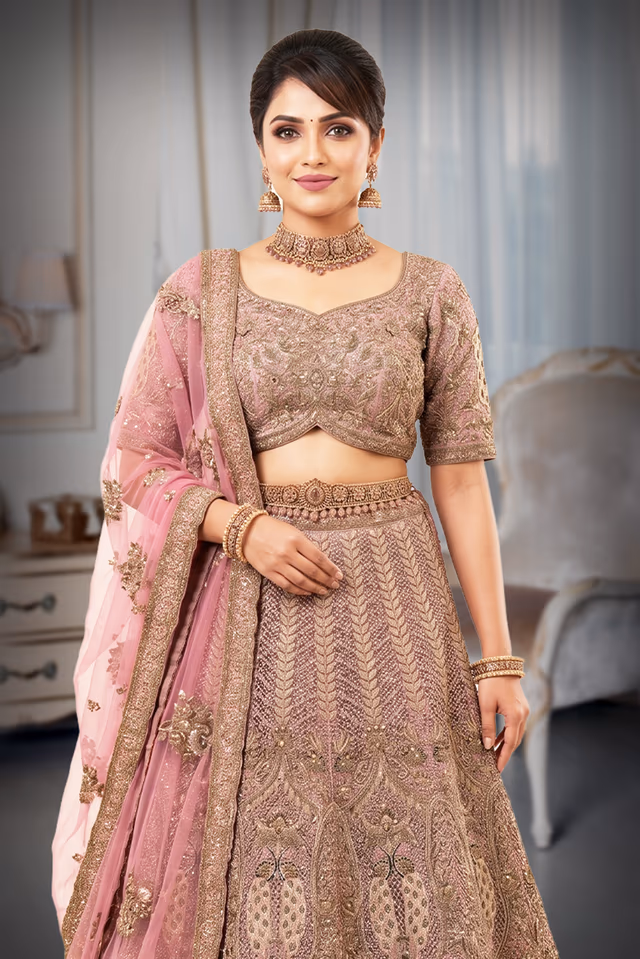 Antique Rose & Gold Peacock Motif Heavy Embroidered Bridal Lehenga Choli Set with Pink Net Dupatta — rent in Edappally