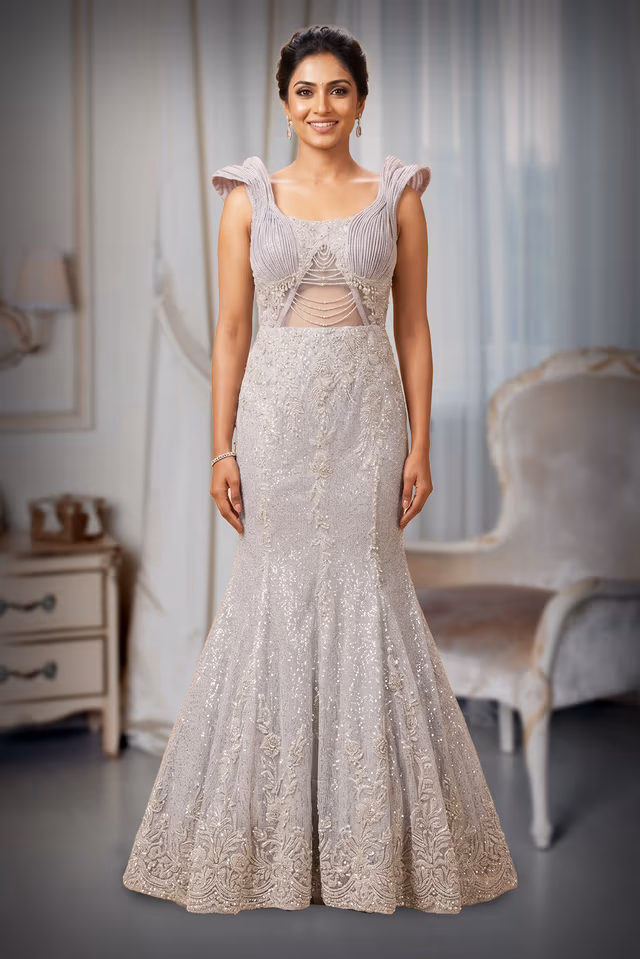 Ash Grey Crepe Crush Fish-Cut Gown with Embossed Shoulder Detailing — back view, rent in Bangalore