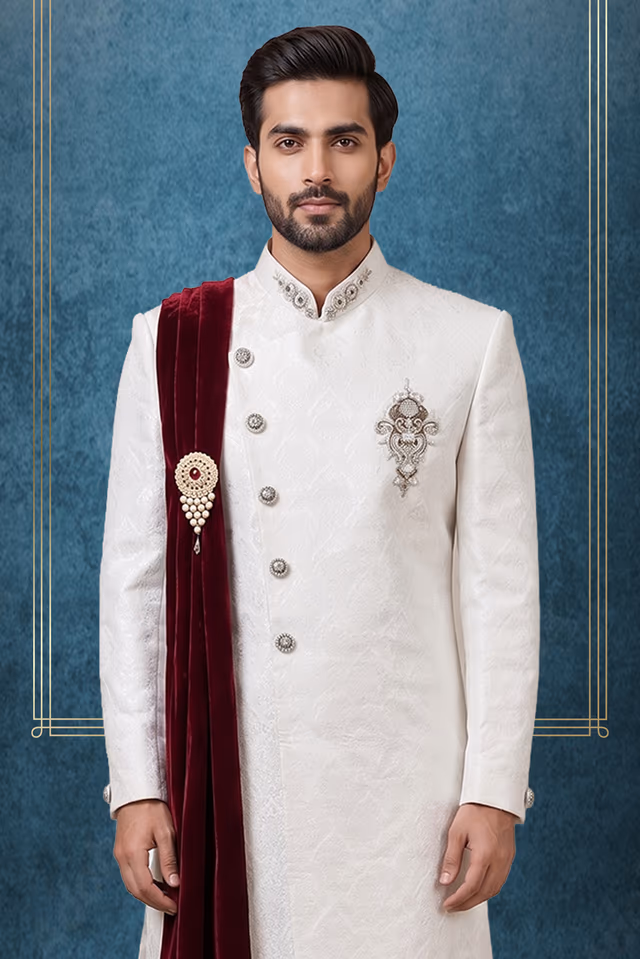 Asymmetrical Self-Embroidered Sherwani with Contrasting Dupatta and Coordinated Pants — back view, rent in Bangalore