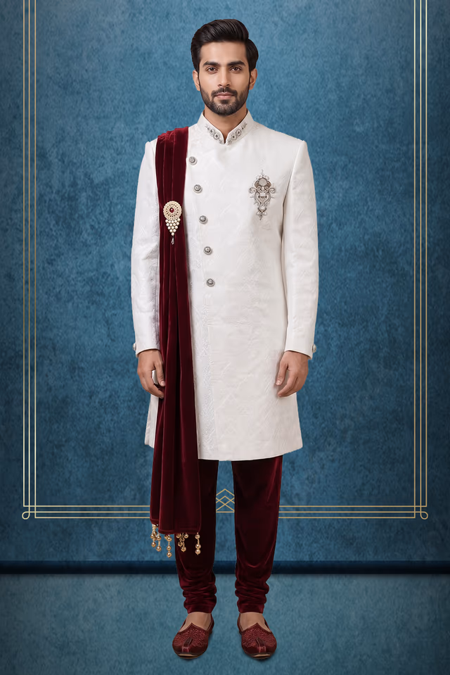Asymmetrical Self-Embroidered Sherwani with Contrasting Dupatta and Coordinated Pants — rent in Bangalore