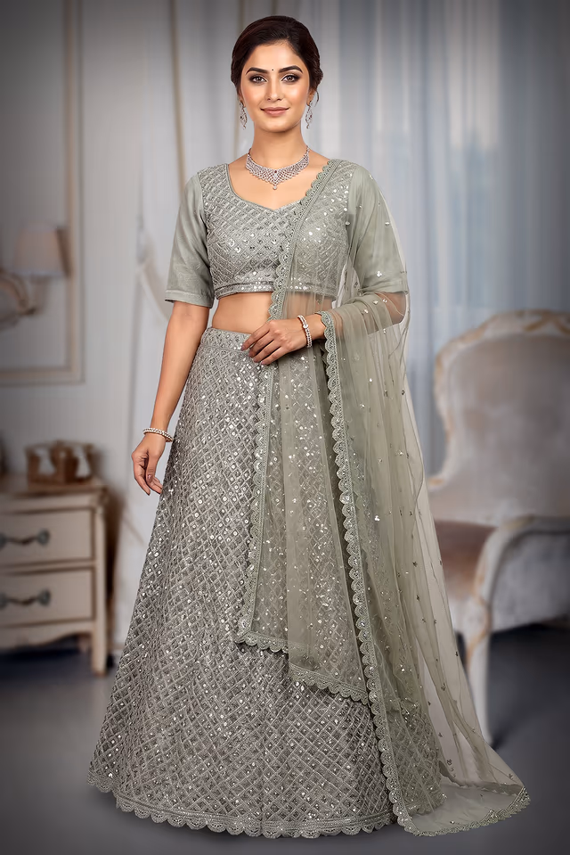 Avocado Green Faux Georgette Sequince Worked Lehenga With Same Colour Blouse And Dupatta — back view, rent in Coimbatore