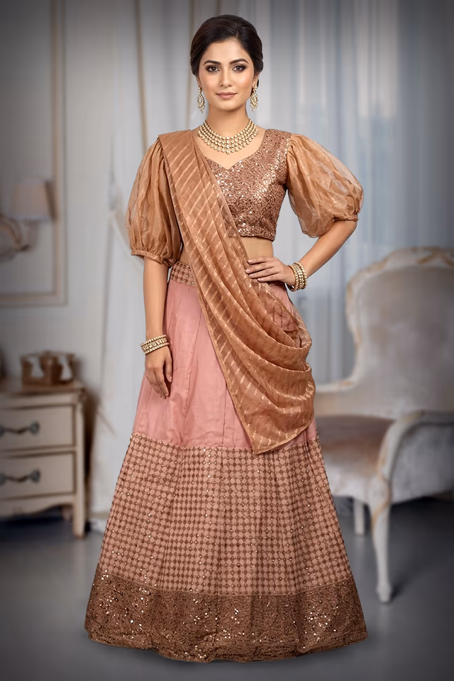 Baby Pink Georgette Lehenga With Threadwork Along With Same Colour Blouse And Glittery… — back view, rent in Coimbatore