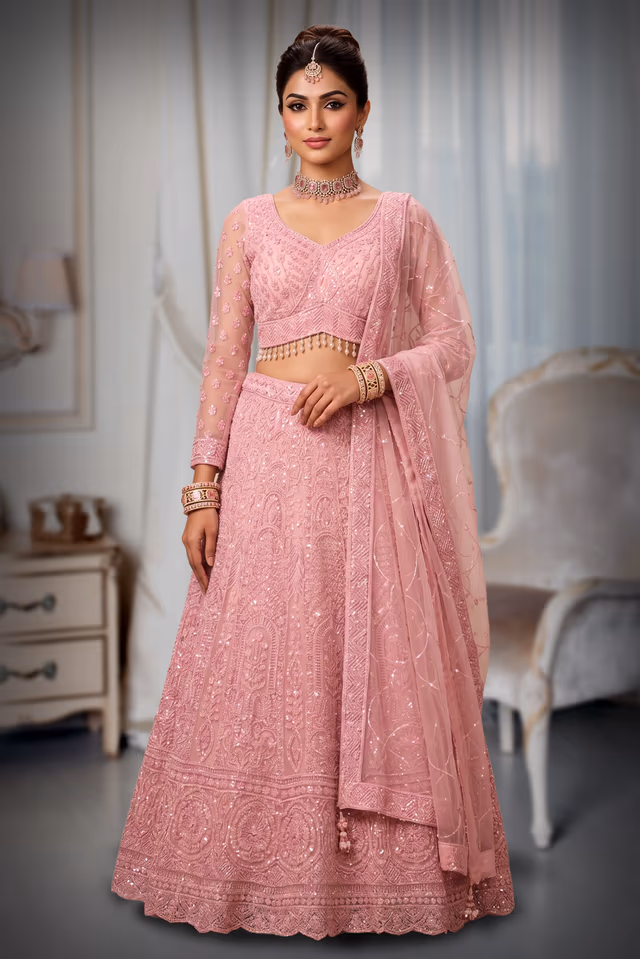 Baby Pink Heavy Chikankari and Sequin Embroidered Lehenga Choli Set — back view, rent in Coimbatore