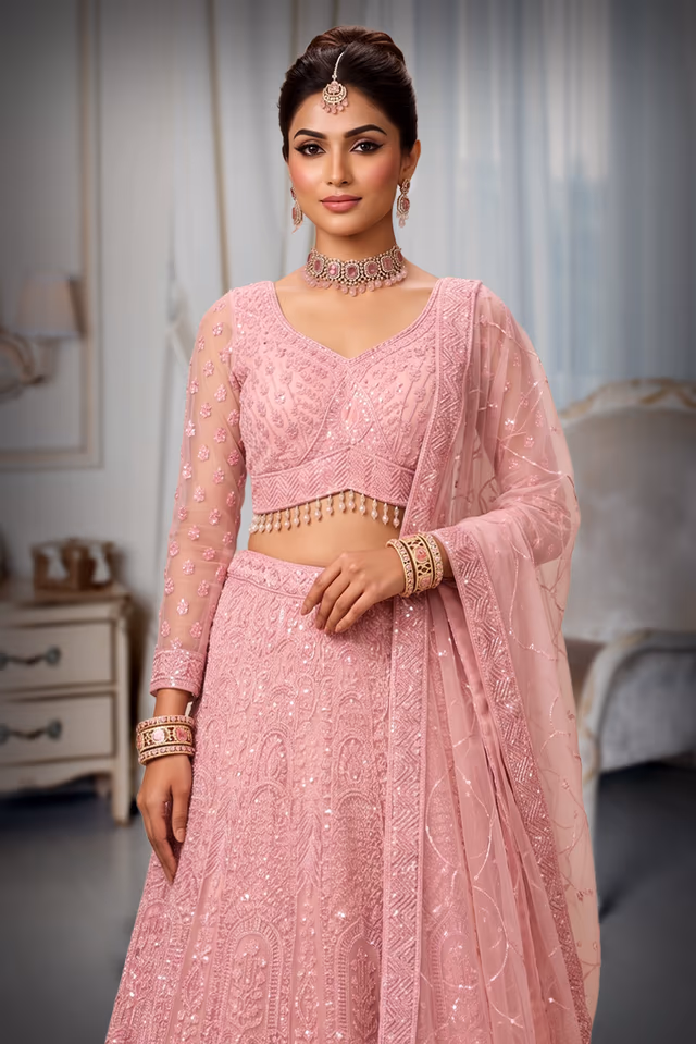 Baby Pink Heavy Chikankari and Sequin Embroidered Lehenga Choli Set — rent in Coimbatore