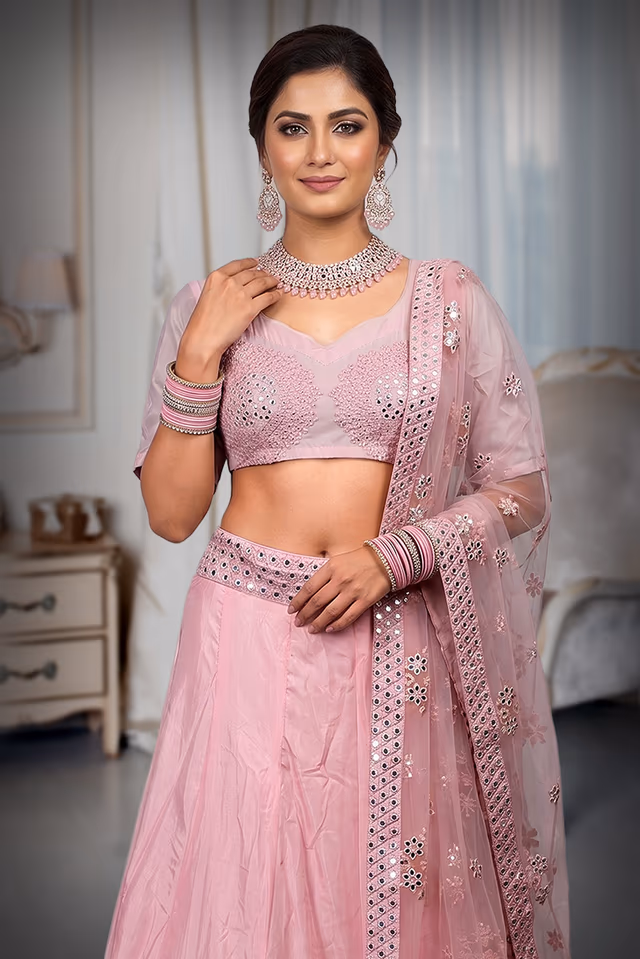 Baby Pink Minimal Lehenga With Heavy Detailed Paper Mirror Work embellished Border In Skirt With… — rent in Coimbatore