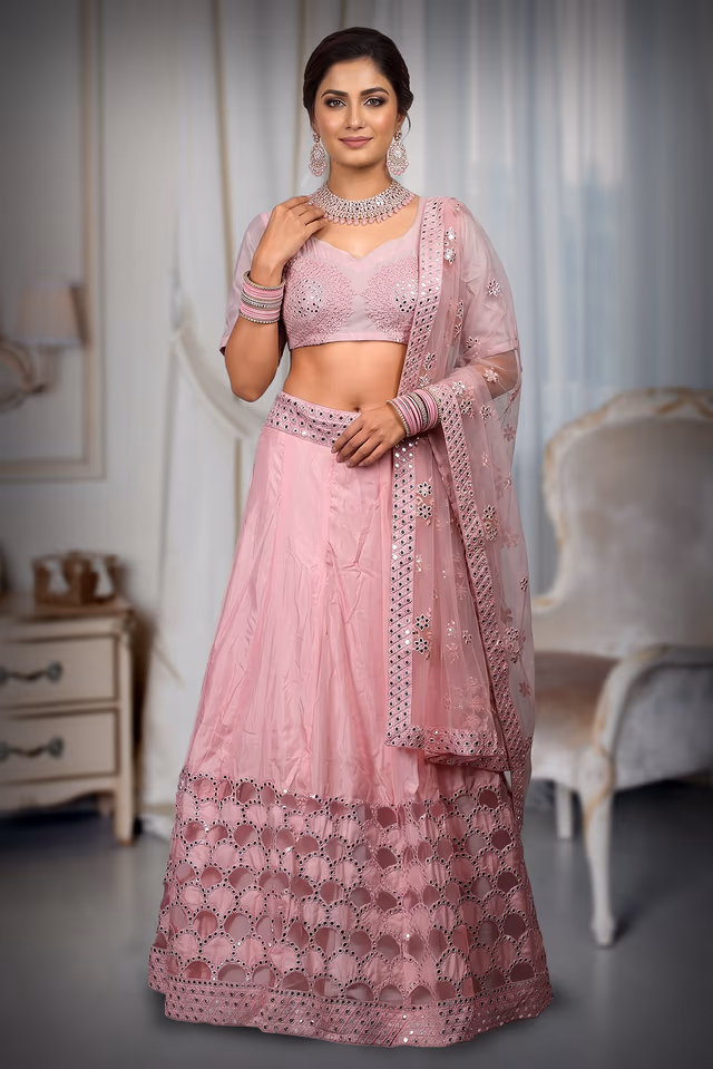 Baby Pink Minimal Lehenga With Heavy Detailed Paper Mirror Work embellished Border In Skirt… — back view, rent in Coimbatore