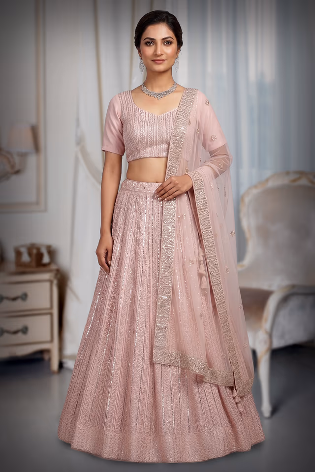 Baby Pink Minimal Lehenga With Heavy embellished Border In Skirt With Detailed Blouse And… — back view, rent in Coimbatore