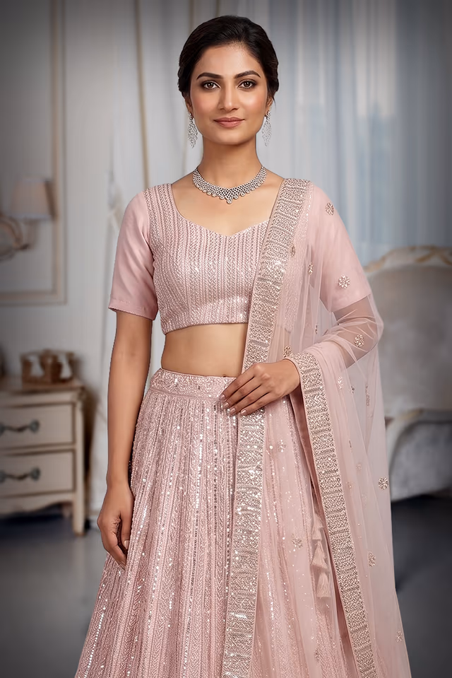 Baby Pink Minimal Lehenga With Heavy embellished Border In Skirt With Detailed Blouse And Dupatta — rent in Coimbatore