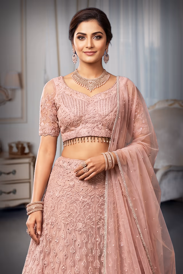 Baby Pink Pre Wedding Lehenga With Embroidery And Stone work Details All Over The Skirt And Crop Top — rent in Calicut