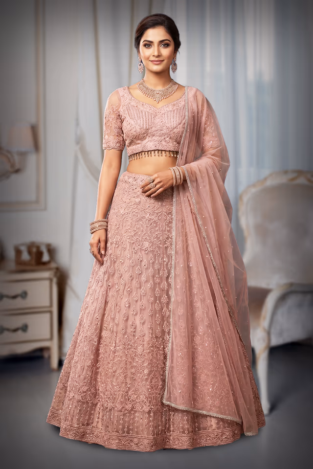 Baby Pink Pre Wedding Lehenga With Embroidery And Stone work Details All Over The Skirt And… — back view, rent in Calicut