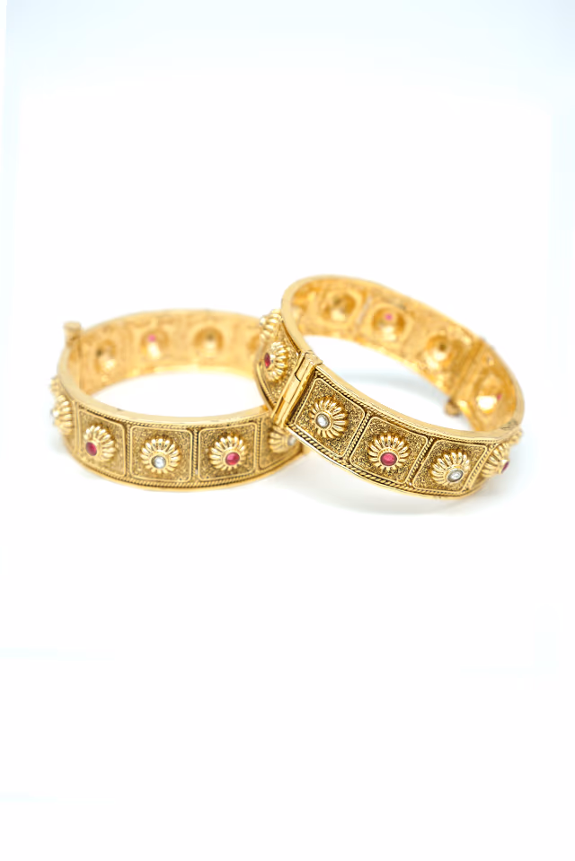 Elevate Your Occasion Wear With These Golden Bangles Set With Brilliant Clear Stones For A Truly High End… — rent in Calicut