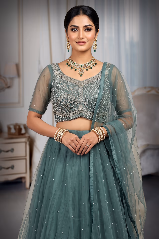 "Beautiful Sage Green Net Lehenga With Pearl Embellishments And Matching Blouse For Modern Wedding… — rent in Calicut