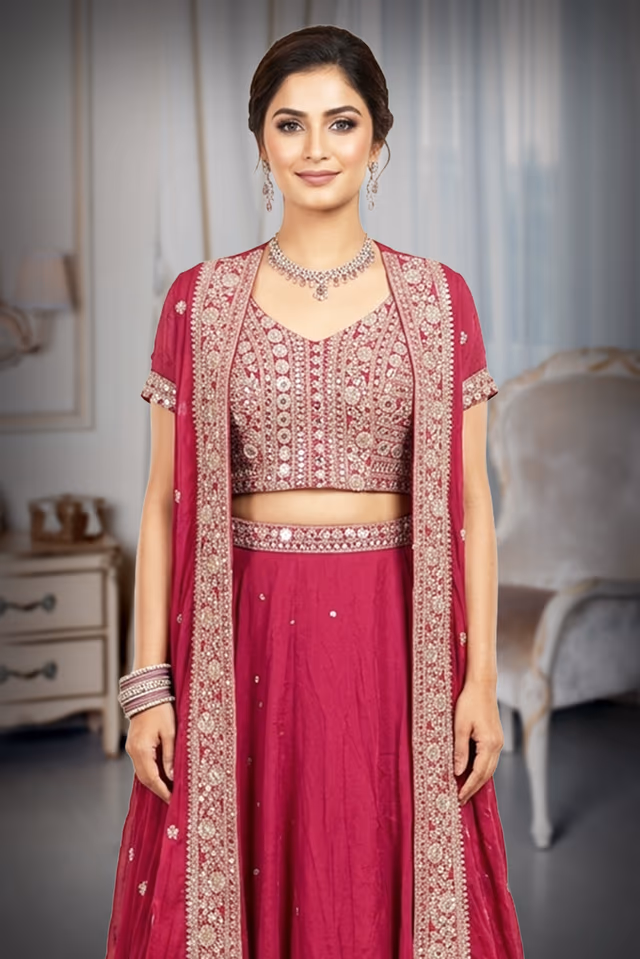 Beetroot Pink Embroidered Choli and Flared Skirt Set with Long Embroidered Cape Jacket — rent in Edappally