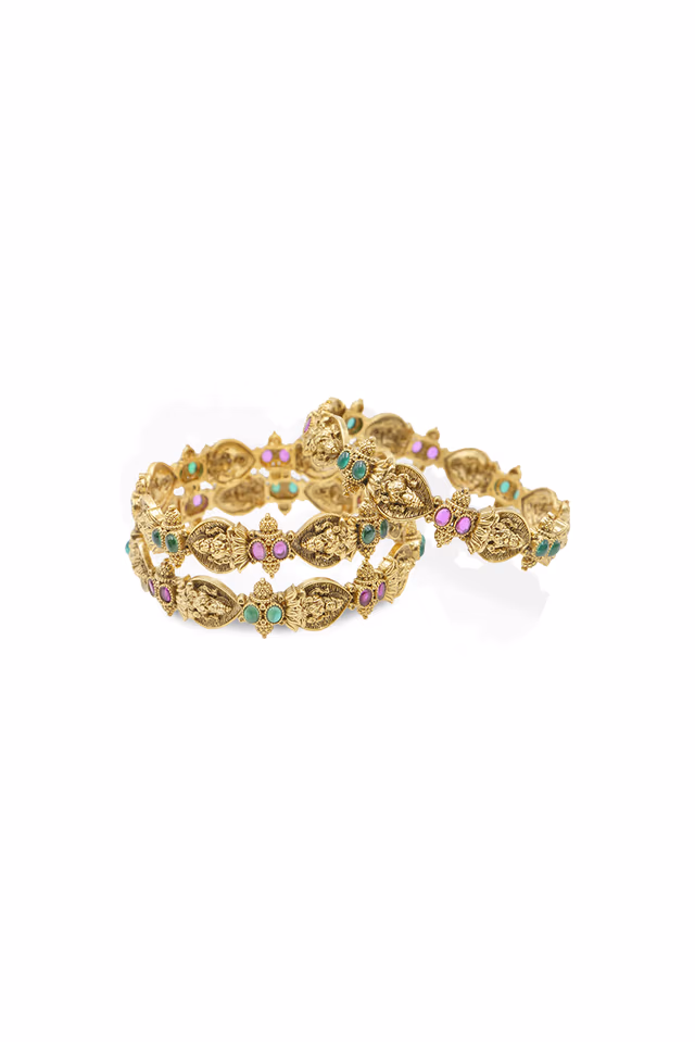 Antique Temple Lakshmi Ruby & Emerald Gold Bangle — rent in Kochi