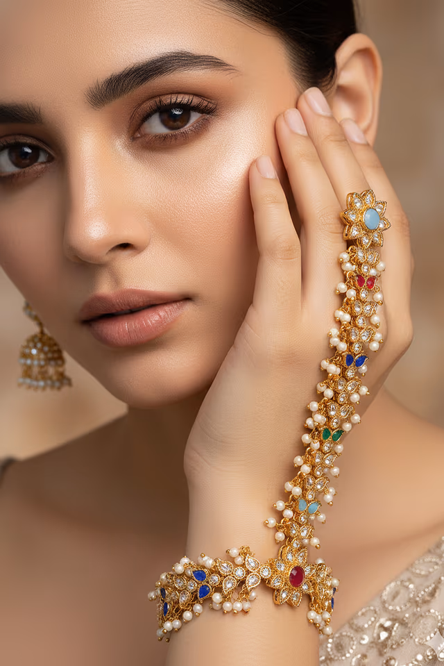 Beautifully Crafted Gold Toned Haath Panja Showcases Traditional Indian Designs With Elegant Colorful… — rent in Bangalore