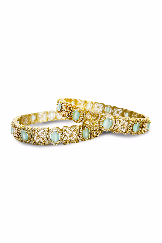 Complete Your Bridal Or Festive Look With These Exquisite Light Green And White Stone Studded Bangles — rent in Bangalore
