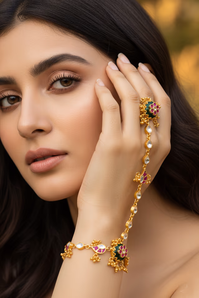 Exquisite Antique Gold Haath Panja Features Intricate Meenakari Floral Work And Vibrant Colored Stones — rent in Bangalore