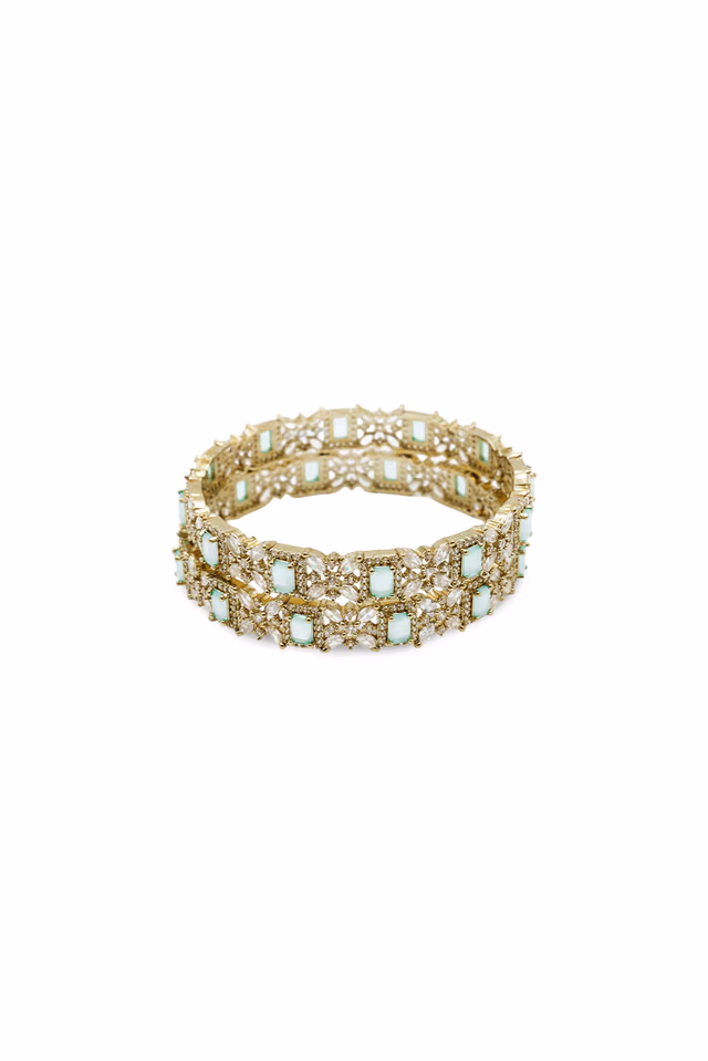 Gold-Tone Mint Green Rectangular Stone & Crystal Floral Bangle — rent in Kochi